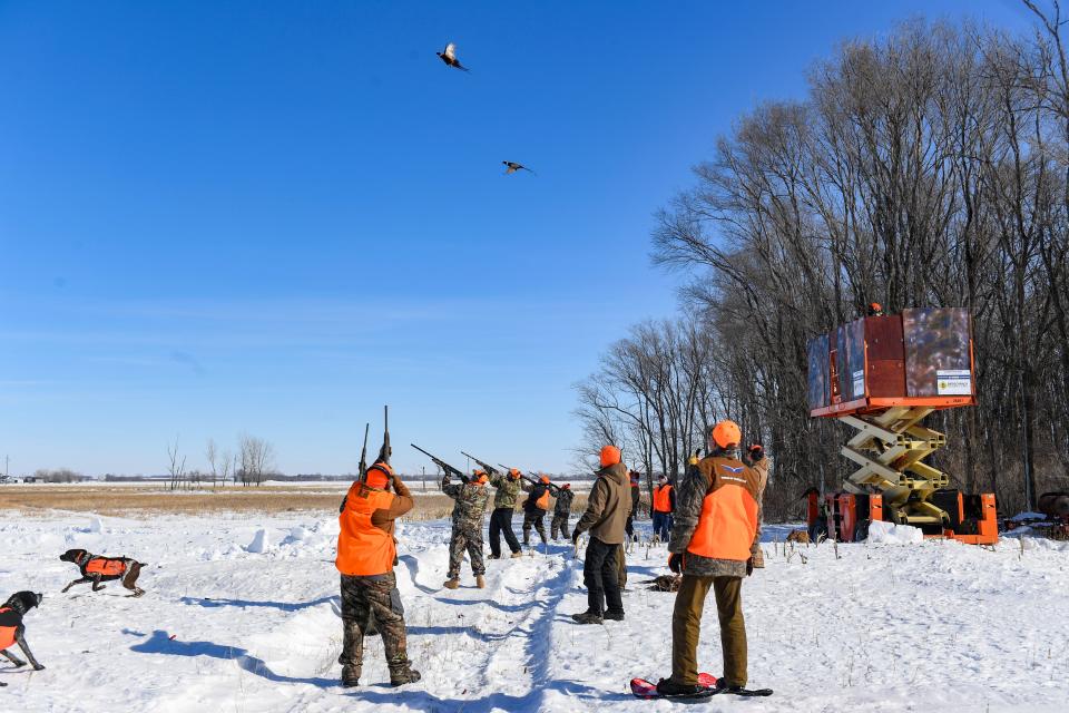 Veterans participate in a tower pheasant hunt on a Wings of Valor retreat on Friday, February 17, 2023, in Parker, SD.