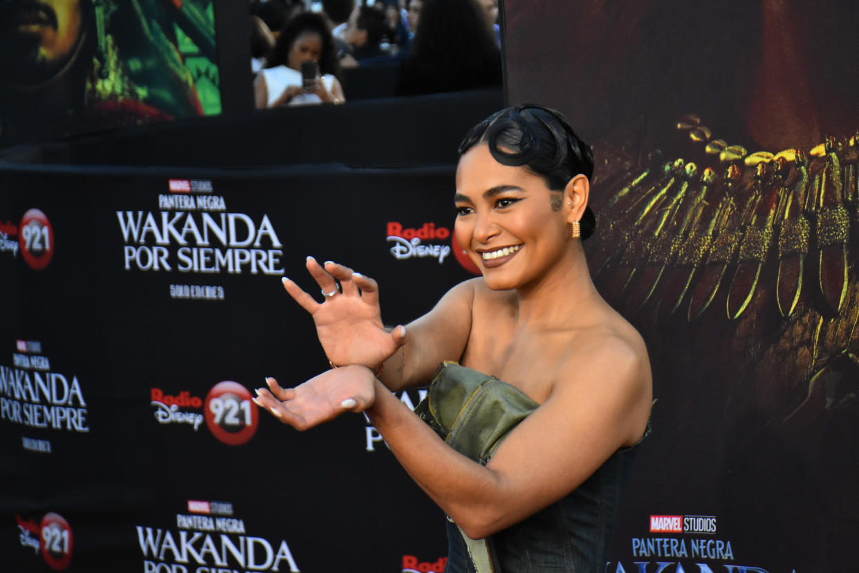 NAUCALPAN, MEXICO - NOVEMBER 9: Actress Mabel Cadena attends the red carpet of the Black Panther: Wakanda Forever fan event at Plaza Satelite. On November 9, 2022 in Naucalpan, Mexico. (Photo credit should read Carlos Tischler/Eyepix Group/Future Publishing via Getty Images)