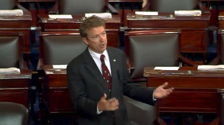 U.S. Senator Rand Paul delivers a speech on the floor of the U.S. Senate, in this still image taken from video, on Capitol Hill in Washington May 20, 2015. REUTERS/Senate TV/Handout via Reuters