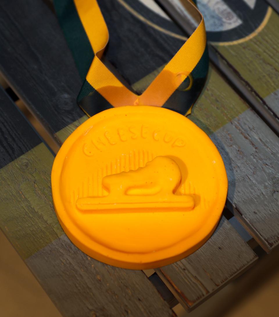 A cheese skating medal for sale at the Packers Pro Shop on Jan. 17, 2023, in Green Bay, Wis.