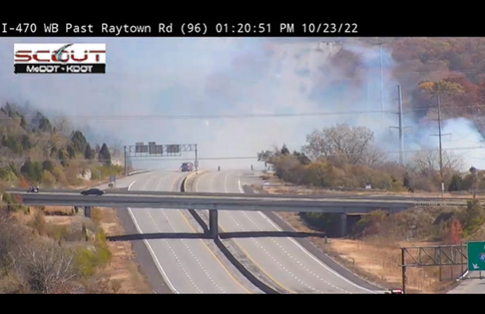 Screen grab shows smoke from the grass fire along I-470 near Raytown Road continuing to spread at 1:20 p.m. on Oct. 23.