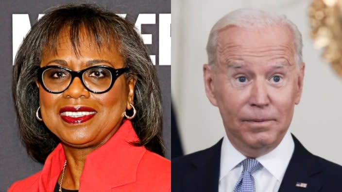 Anita Hill (left) received words of regret from President Joe Biden (right) for the tight scrutiny he gave her during Clarence Thomas’ 1991 confirmation to the Supreme Court, she says, before he announced his White House run. (Photos: Rachel Murray/Getty Images and Anna Moneymaker/Getty Images)