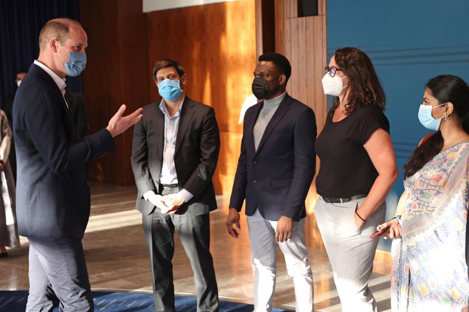 Prince William, Duke of Cambridge speaks with David Auerbach from Sanergy, Olugbenga Olubanjo from Reeddi, Dr Mariana Mayer Pinto from Living Seawalls and Eshrat Waris from SOLshare during The Earthshot Prize Innovation Showcase at Expo2020, Dubai on February 10, 2022 in Dubai, United Arab Emirates. Held in partnership with DP World at Dubai Expo 2020, the first-ever Earthshot Prize Innovation Showcase is an opportunity to present ground-breaking Earthshot innovations from some of the inaugural Earthshot Prize 2021 Finalists to a global audience of investors, leaders and philanthropists at the iconic Dubai Expo site.