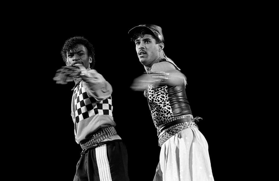 Michael “Boogaloo Shrimp” Chambers and Adolfo “Shabba Doo” Quiñones perform at the U.I.C. Pavilion in Chicago, October1985. (Credit: Raymond Boyd/Getty Images)