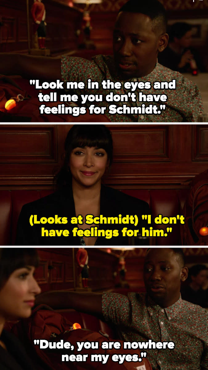 Winston asks Cece to look him in the eyes and say she has no feelings for Schmidt - she says it while looking at Schmidt and Winston says "dude, you are nowhere near my eyes"