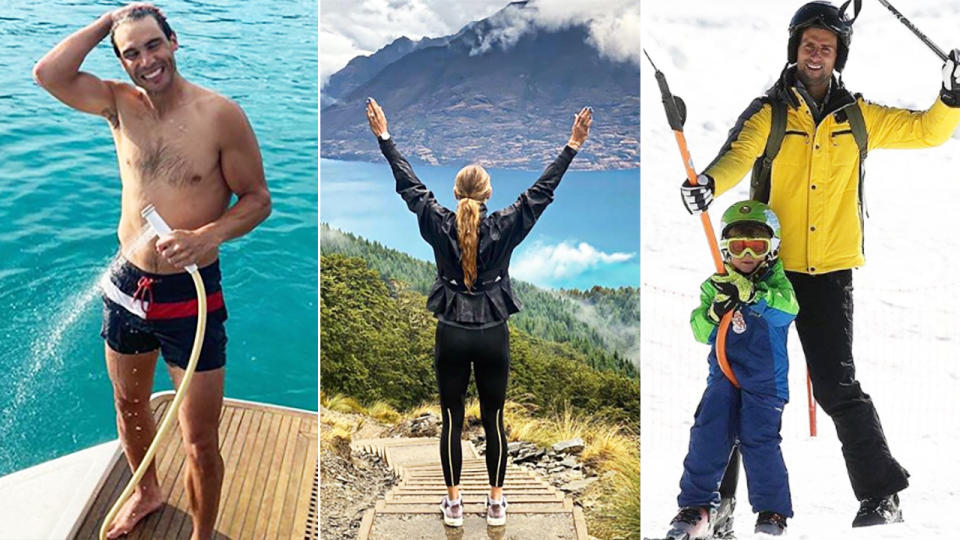 Rafael Nadal, Caroline Wozniacki and Novak Djokovic, pictured here on holidays after the Australian Open.