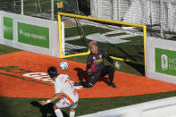 A South Korea player shoots during a match against Indonesia at the Homeless World Cup, Tuesday, July 11, 2023, in Sacramento, Calif. (AP Photo/Godofredo A. Vásquez)