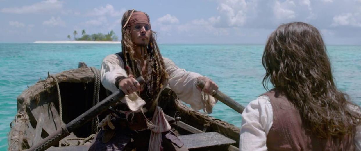 johnny depp rowing a boat, pirates of the caribbean