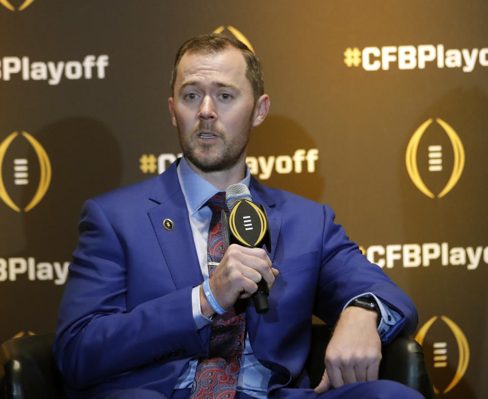 Oklahoma coach Lincoln Riley speaks during a news conference Thursday, Dec. 6, 2018, in Atlanta. Oklahoma is one of the four teams in the College Football Playoff. (AP Photo/John Bazemore)