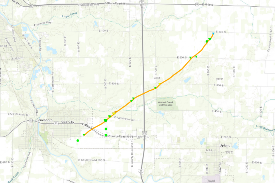The path of a confirmed tornado during March 31, 2023, storms in Gas City, Grant County.