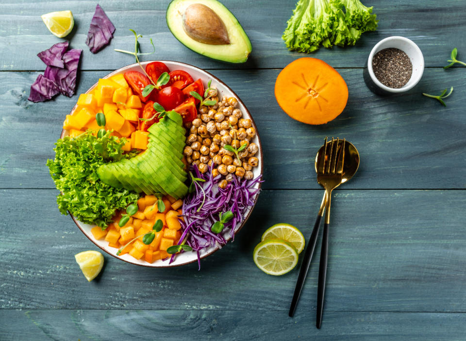 salad with fruit, veggies, and chick peas