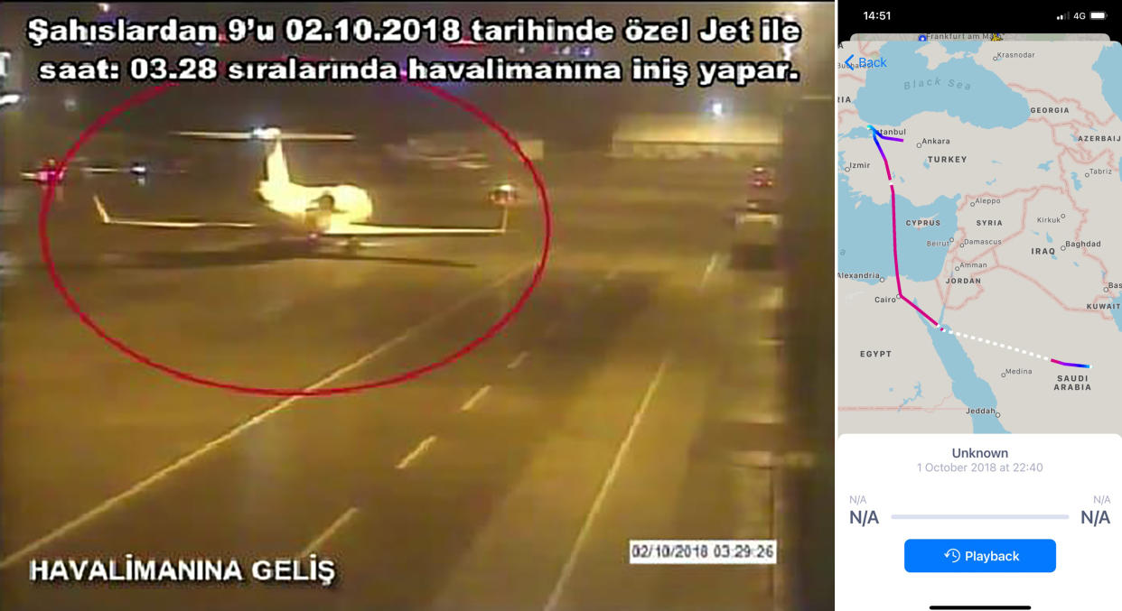 A frame grab on October 10,2018 taken from a police CCTV video made available through Turkish Newspaper Sabah allegedly shows a private jet alleged to have ferried in a group of Saudi men suspected of being involved in Saudi journalist Jamal Khashoggi's disappearance, at Istanbul's Ataturk airport on October 2, 2018; and, the flight route showing the stopover in Cairo. (Sabah Newspaper/AFP via Getty Images, no credit)
