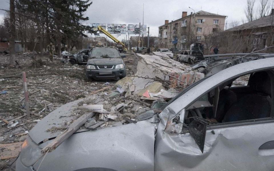 A view shows a site of a Russian military strike in Sloviansk, Donetsk region - STATE EMERGENCY SERVICE OF UKRAINE/via REUTERS