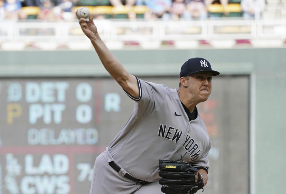 New York Yankees pitcher Jameson Taillon throws to a Minnesota Twins batter during the first inning of a baseball game Tuesday, June 7, 2022, in Minneapolis. (AP Photo/Jim Mone)