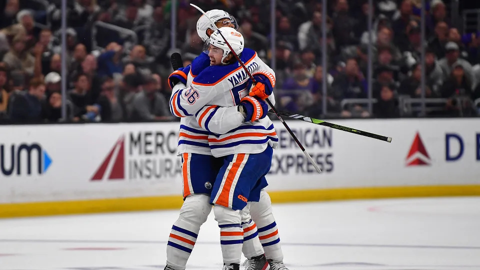 Oilers forward Kailer Yamamoto (56) celebrates his game-winning goal that eliminated the Kings from the playoffs. (Gary A. Vasquez-USA TODAY Sports)