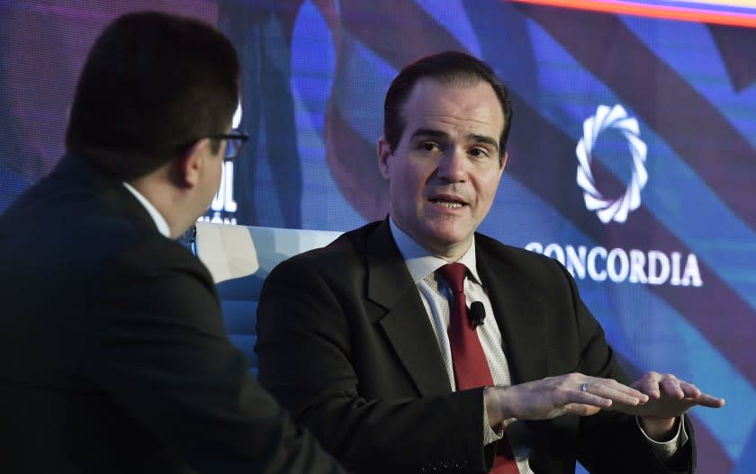 BOGOTA, COLOMBIA - MAY 14: Ricardo Ospina, Journalist at Caracol TV, and Mauricio Claver-Carone, Senior Director National Security Council, attend the conversation 'Trump Administration Priorities in the Americas' at the 2019 Concordia Americas Summit in Bogota on May 14, 2019. (Photo by Gabriel Aponte/Getty Images for Concordia Summit)