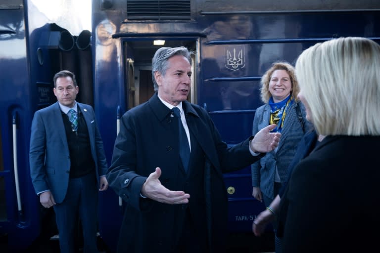 US Secretary of State Antony Blinken is greeted by US Ambassador to Ukraine Bridget Brink after arriving by train in Kyiv on May 14, 2024 (Brendan Smialowski)