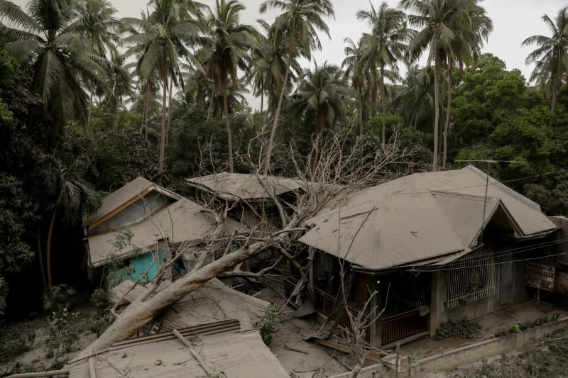 A house covered with ash, is damaged by a fallen tree in Lemery, Batangas City