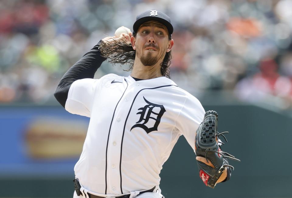 Michael Lorenzen of the Detroit Tigers pitches against the Los Angeles Angels during the second inning of game one of a doubleheader at Comerica Park on July 27, 2023, in Detroit, Michigan.