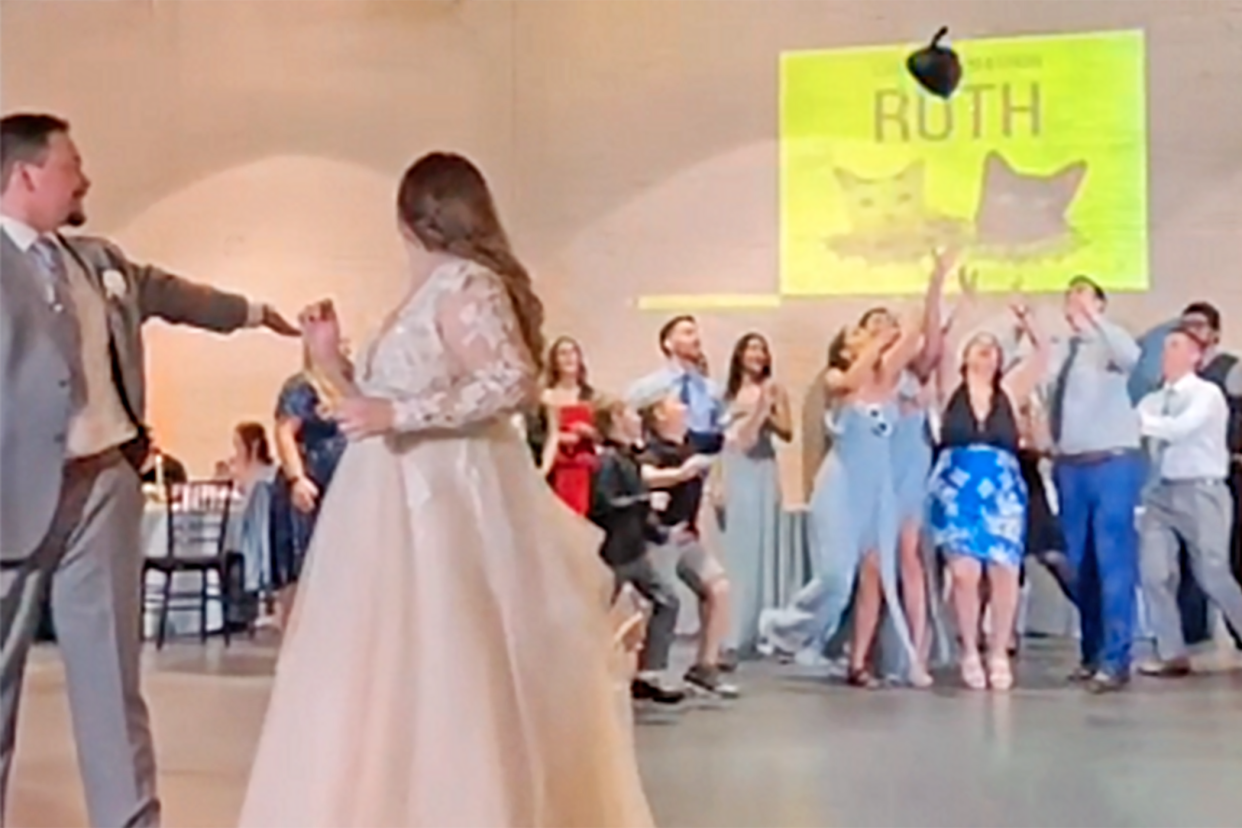 bride and groom toss a cat plushie to the wedding guests instead of a bouquet