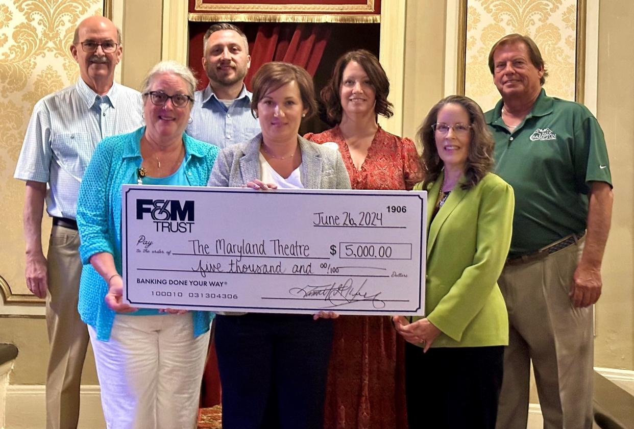 Jessica Green, executive director of The Maryland Theatre, recently accepted a donation of $5,000 from F&M Trust to support the theater’s Century Club. Representing F&M Trust were Wealth Management Trust Administrator Wanda Mounts, Commercial Relationship Manager Matt Jozik, Treasury Relationship Manager Christina Willson, West Washington Street Community Office Manager Laura Lowry, and Hagerstown/Washington County Advisory Board Members Paul Mellott and Paul Crampton.