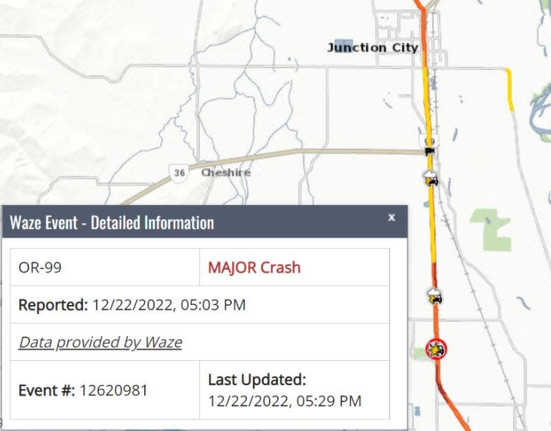 The Oregon Department of Transportation is reporting a major crash on Oregon 99 at mile marker 115, about six miles north of Eugene.