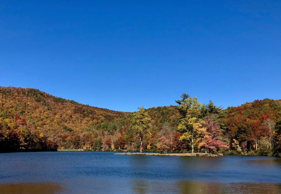 Fall colors at the Lower Sherando Lake in The George Washington National Forest in Lyndhurst, VA on Oct. 27, 2019.