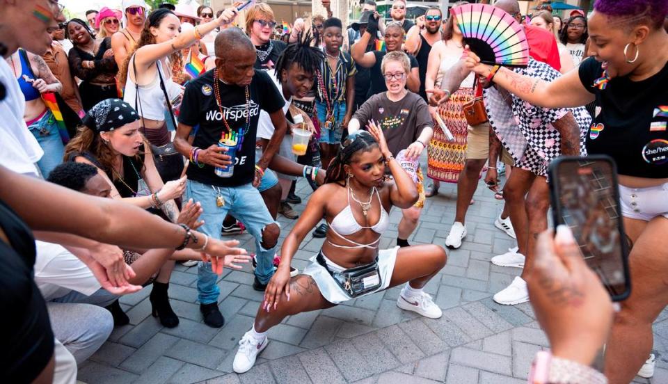 Deja dances in the middle of the dance circle at Raleigh Pride on Saturday, June 22, 2024. Deja who goes by “Big Dumpy” when she dances was excited to attend her first pride event.