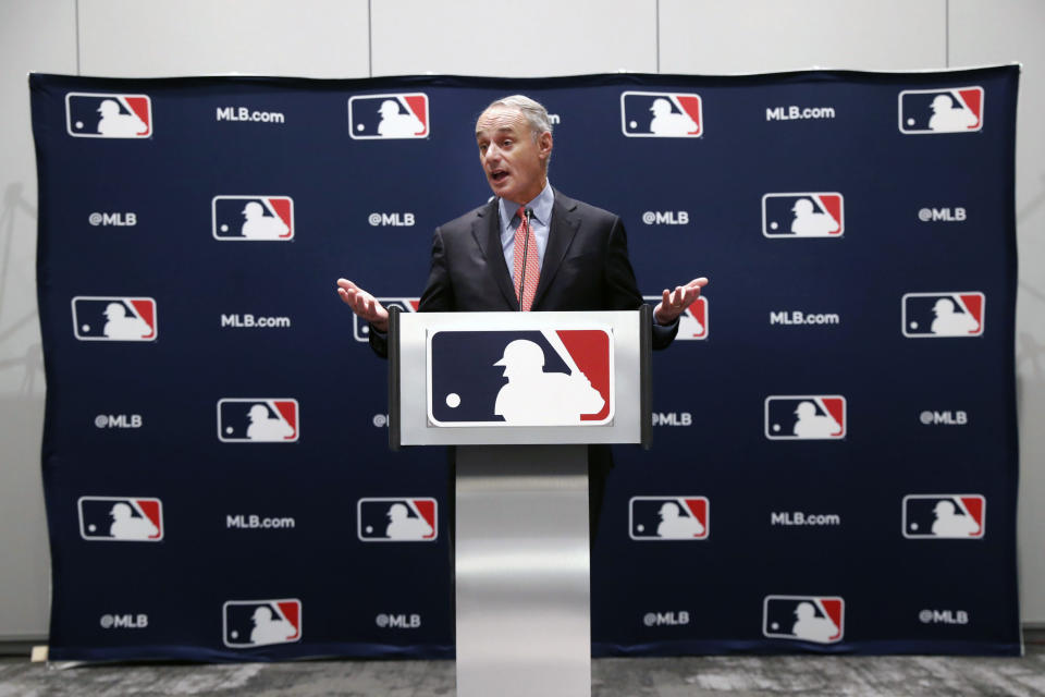 Baseball commissioner Rob Manfred speaks to the media at the owners meeting in Arlington, Texas, Thursday, Nov. 21, 2019. (AP Photo/LM Otero)