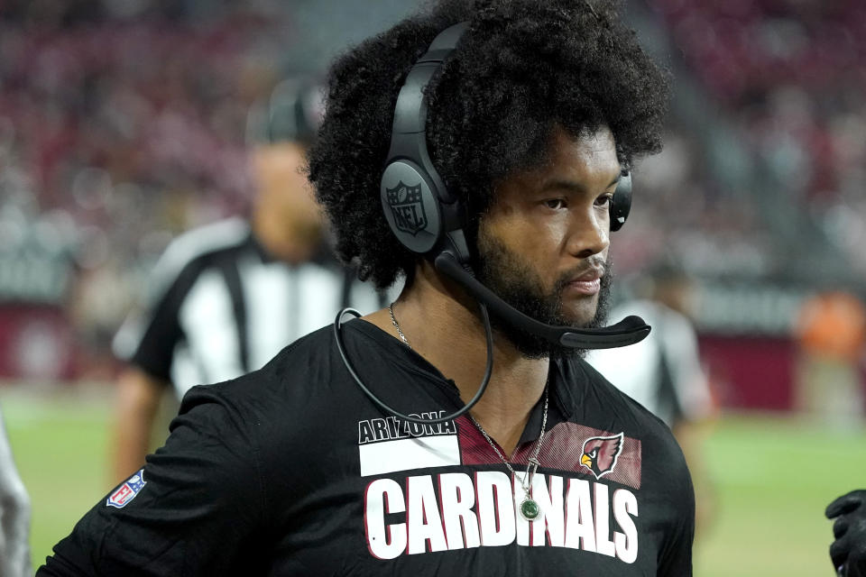 Arizona Cardinals quarterback Kyler Murray calls the plays from the sidelines during the second half of an NFL preseason football game against the Baltimore Ravens, Sunday, Aug. 21, 2022, in Glendale, Ariz. (AP Photo/Darryl Webb)