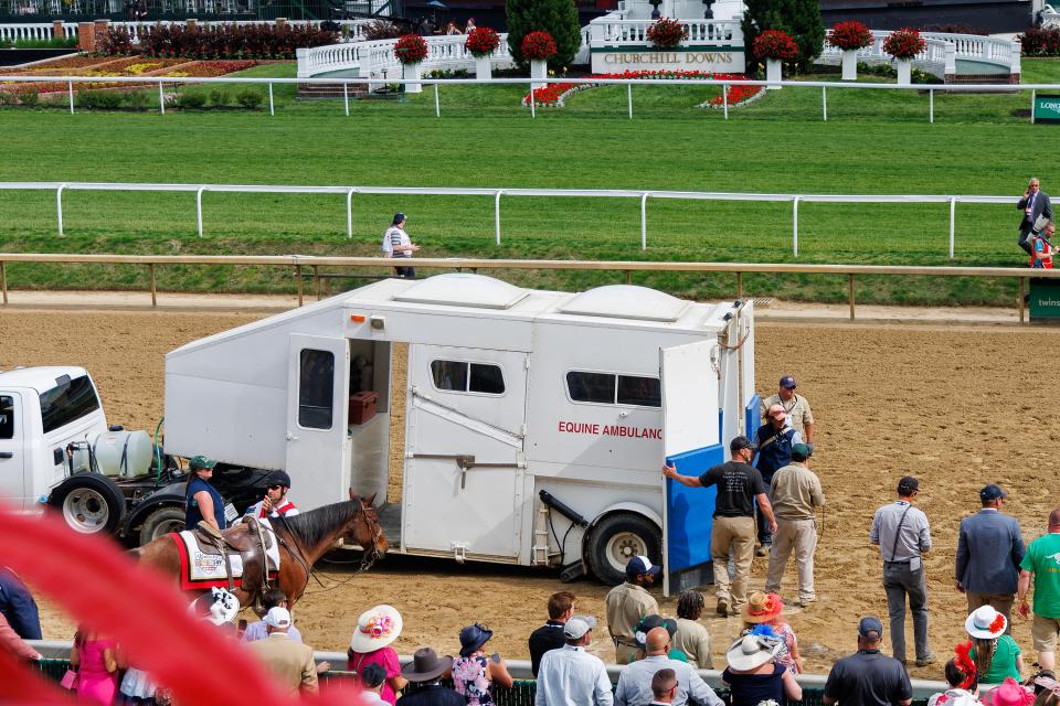 An equine ambulance leaves the track after Race 10 at Churchill Downs on May 6, 2023.