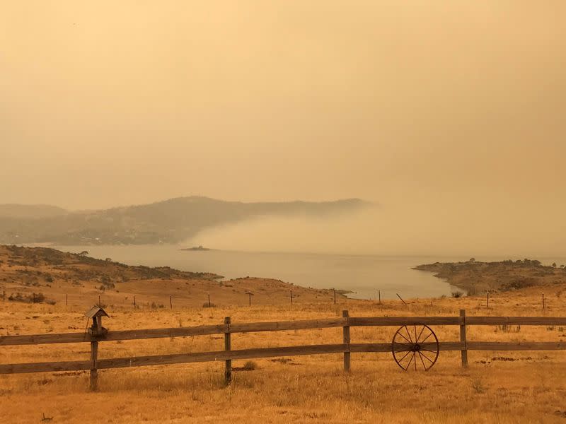 A view shows the hazy landscape in Jindabyne, a township affected by the Dunns Road bushfire, in New South Wales, Australia