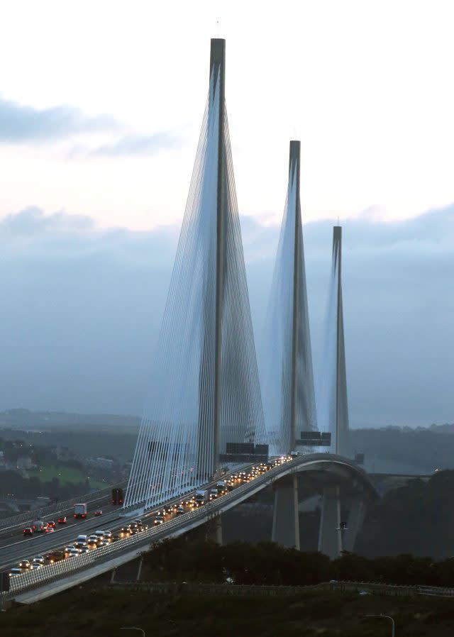 Traffic flows on both carriageways of the Queensferry Crossing 