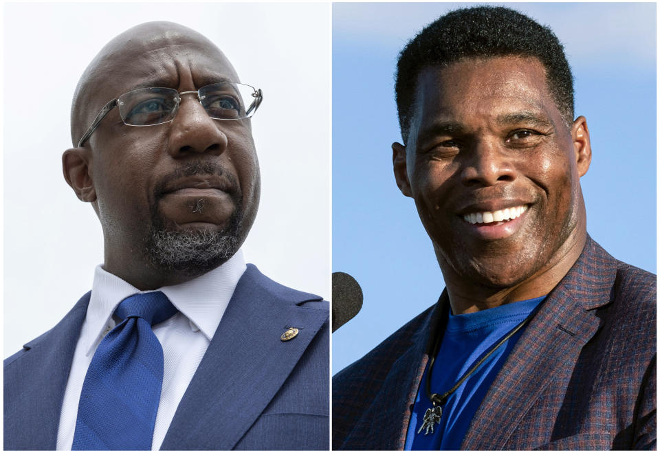 This combination of photos shows, Sen. Raphael Warnock, D-Ga., speaking to reporters on Capitol Hill in Washington, Aug. 3, 2021, left, and Republican Senate candidate Herschel Walker speaking in Perry, Ga., Sept. 25, 2021. Georgia voters have cast more than 1 million ballots ahead of the Dec. 6 runoff between Democratic Sen. Raphael Warnock and Republican challenger Herschel Walker. (AP Photo)