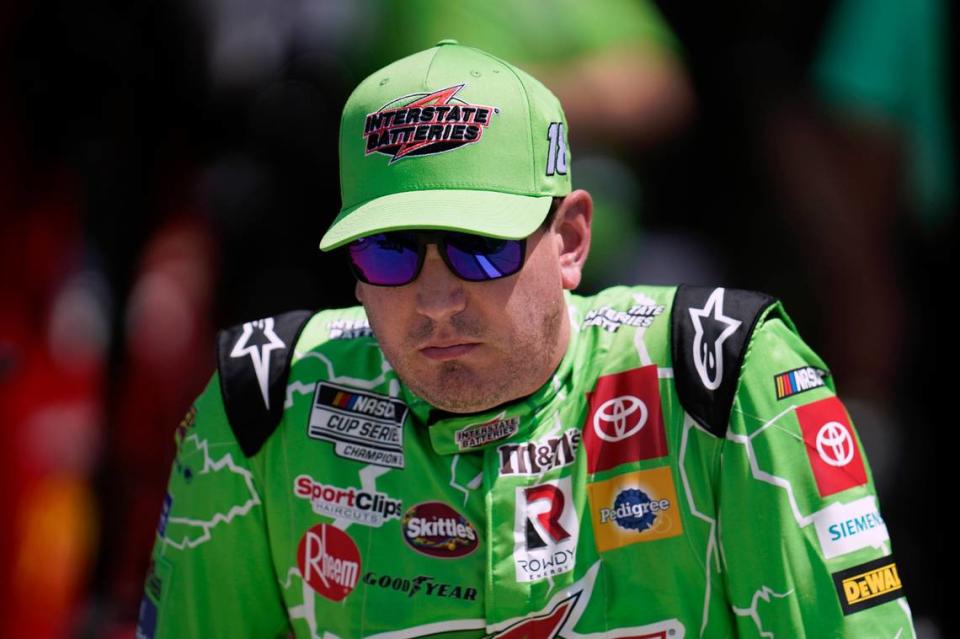 Kyle Busch watches during NASCAR Cup Series auto race qualifying at the Michigan International Speedway in Brooklyn, Mich., Saturday, Aug. 6, 2022. (AP Photo/Paul Sancya)