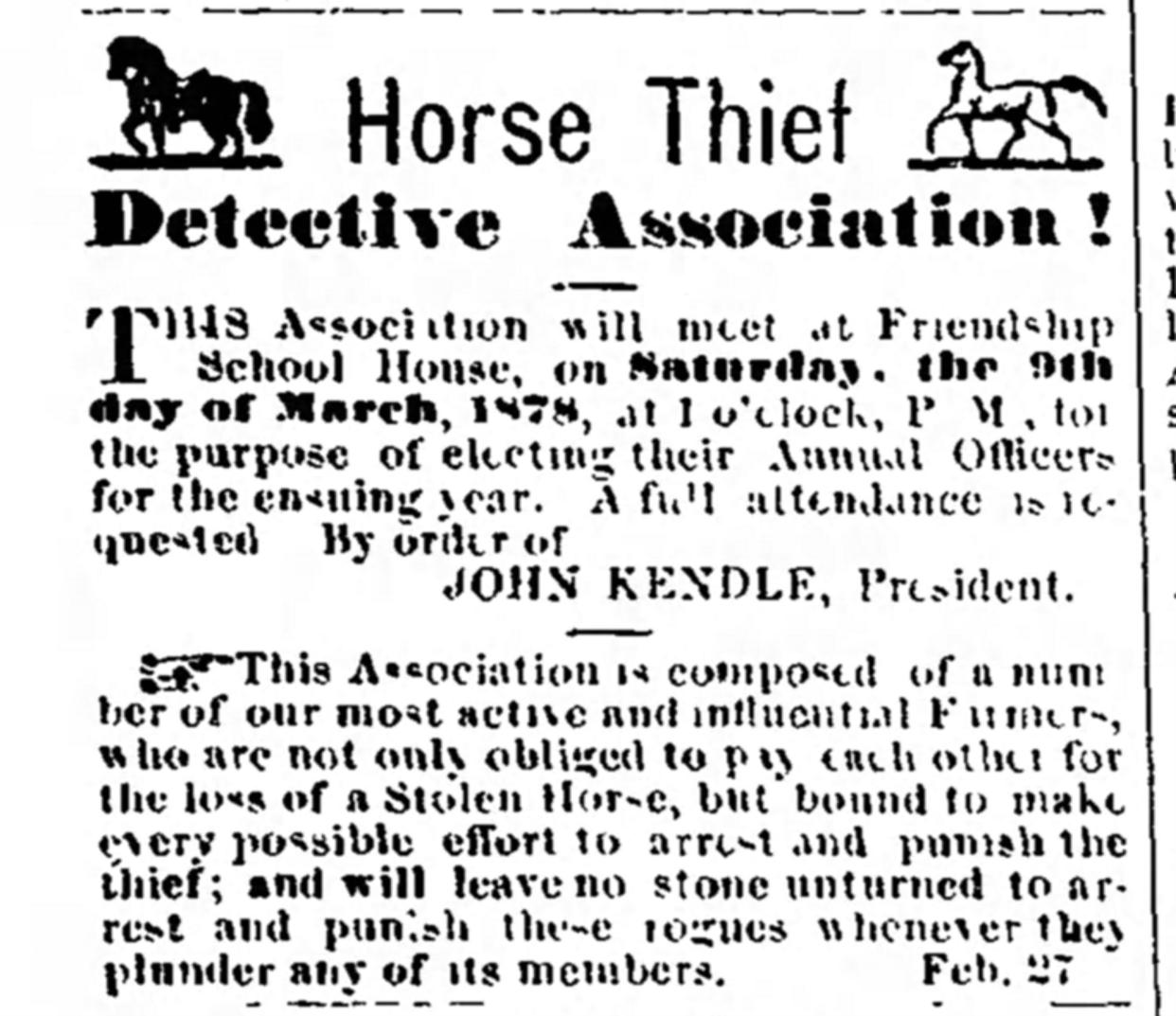 Horse Thief Detective Association notice published in the Herald and Torch Light, Feb. 27, 1878.