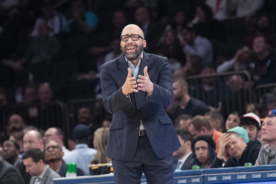 New York Knicks coach David Fizdale reacts during the first half of the team's NBA basketball game against the Denver Nuggets, Thursday, Dec. 5, 2019, at Madison Square Garden in New York. (AP Photo/Mary Altaffer)