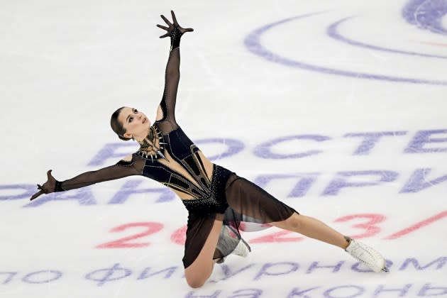 Figure skater Kamila Valiyeva performs during women's single skating of the Rostelecom Grand Prix Russia at the Megasport Arena in Moscow, Russia on November 26, 2023.  - Credit: Sefa Karacan/Anadolu/Getty Images