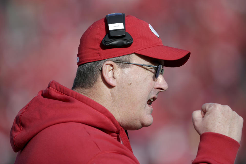 Wisconsin head coach Paul Chryst gestures to his players during the second half of an NCAA college football game against Nebraska in Lincoln, Neb., Saturday, Nov. 16, 2019. Wisconsin won 37-21. (AP Photo/Nati Harnik)