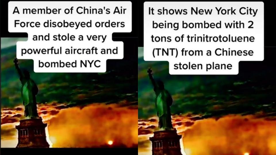 1名自稱從2104年穿越而來的時空旅人指出，紐約將在27年後遭到大陸飛行員轟炸，淪為一片火海。（圖／翻攝自TikTok）