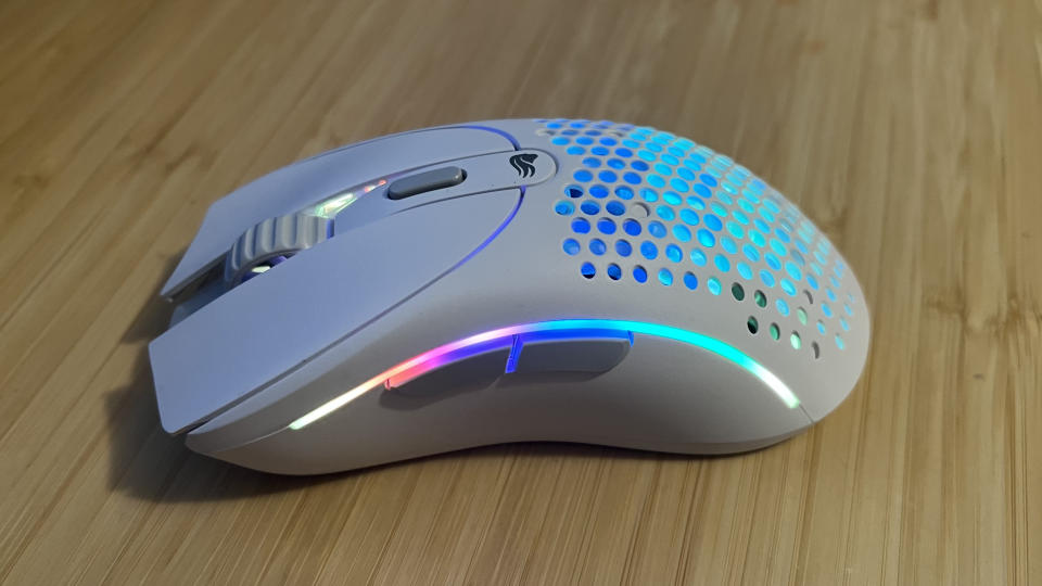 Glorious Model D 2 gaming mouse with RGB enabled.