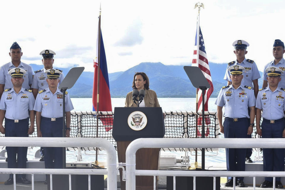 In this photo provided by the Philippine Coast Guard, U.S. Vice President Kamala Harris speaks on board the Philippine Coast Guard BRP Teresa Magbanua (MRRV-9701) during her visit to Puerto Princesa, Palawan province, western Philippines on Tuesday, Nov. 22, 2022. (Philippine Coast Guard via AP)