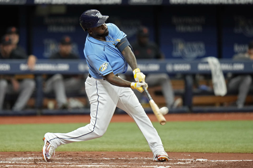 Tampa Bay Rays' Randy Arozarena connects for a solo home run off Detroit Tigers starting pitcher Joey Wentz during the fourth inning of a baseball game Sunday, April 2, 2023, in St. Petersburg, Fla. (AP Photo/Chris O'Meara)