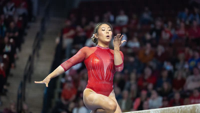 Utah’s Cristal Isa performs her beam routine during the Pac-12 Gymnastics Championships at the Maverik Center in West Valley City on March 18, 2023.