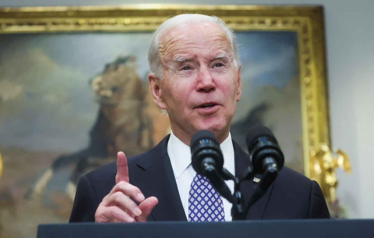 U.S. President Joe Biden makes a statement about gasoline prices and oil company profits in the Roosevelt Room at the White House in Washington, U.S., October 31, 2022. REUTERS/Leah Millis