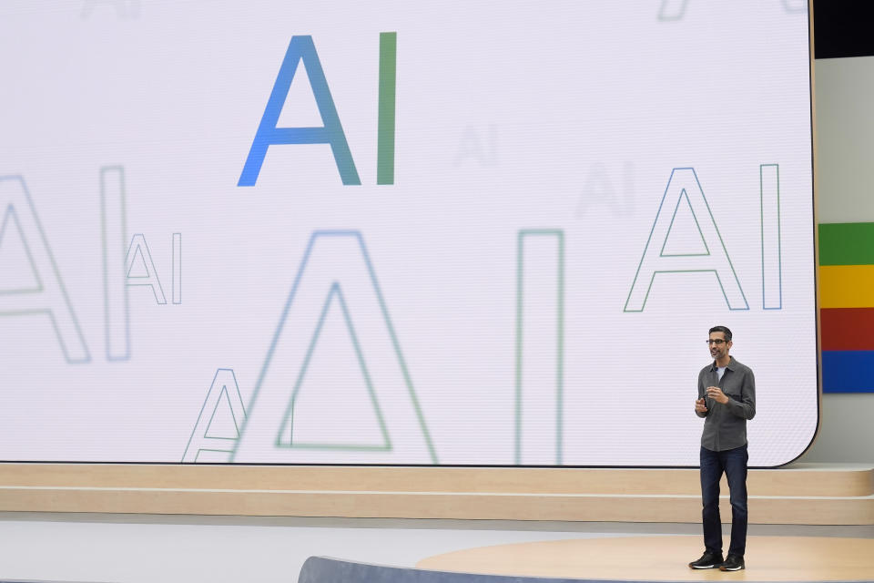 FILE - Alphabet CEO Sundar Pichai speaks at a Google I/O event in Mountain View, Calif., May 14, 2024. California lawmakers are weighing a bill that would regulate powerful artificial intelligence systems, but Meta and Google say the bill fundamentally misunderstands the industry and would hamper the state's growing AI market. (AP Photo/Jeff Chiu, File)