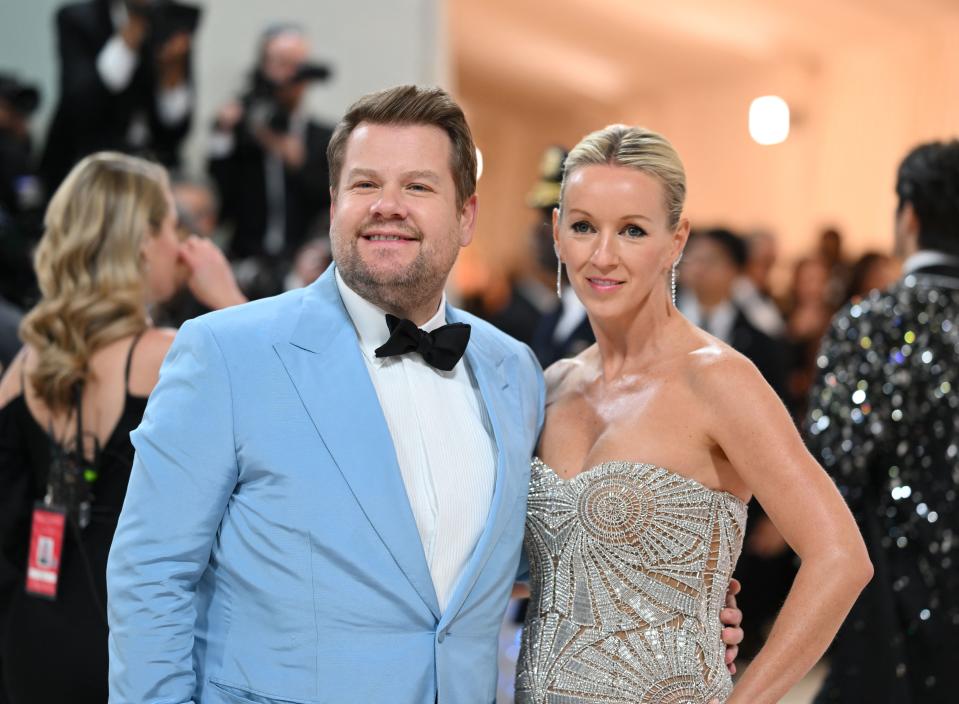 British actor and TV host James Corden and his wife Julia Carey arrive for the 2023 Met Gala at the Metropolitan Museum of Art on May 1, 2023, in New York. - The Gala raises money for the Metropolitan Museum of Art's Costume Institute. The Gala's 2023 theme is 