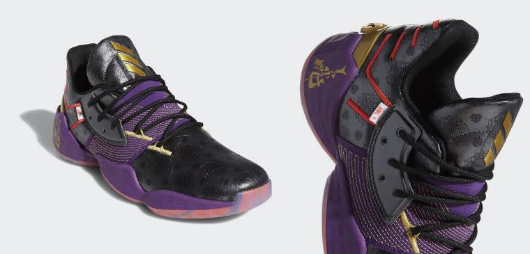 adidas Harden Vol. 4以霸氣黑紫拼接鞋面為主色調，「八蛇矛」點綴於Harden專屬大底與細節處。官方提供