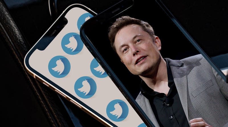 A photo of Elon Musk and the Twitter logo