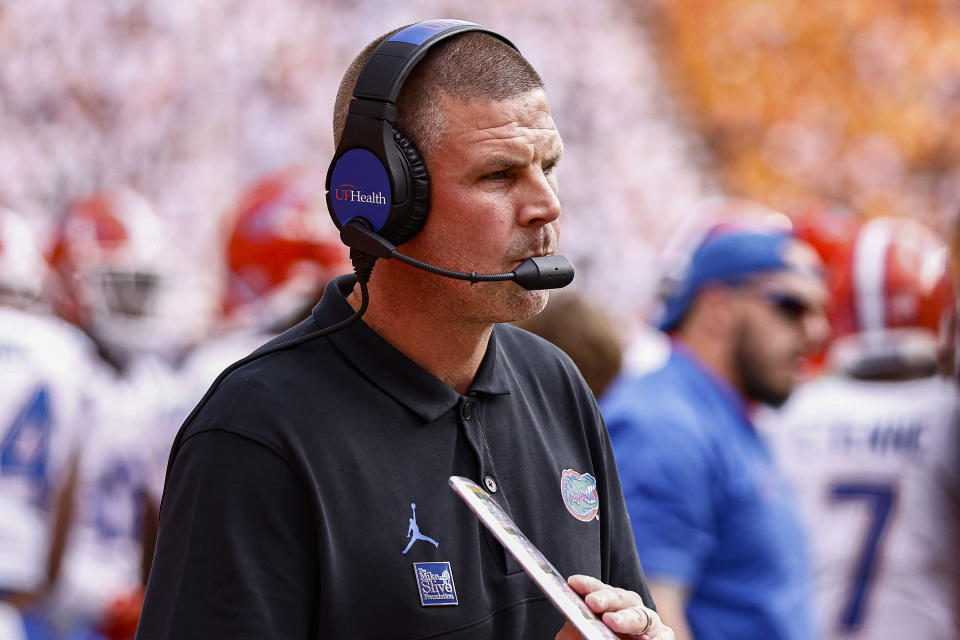 Florida head coach Billy Napier watches his team during the first half of an NCAA college football game against Tennessee, Saturday, Sept. 24, 2022, in Knoxville, Tenn. (AP Photo/Wade Payne)